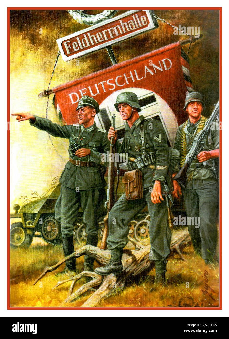 Vintage Nazi Germany Wehrmacht Army officer and soldiers the unified armed forces of Nazi Germany from 1935 to 1945. Illustration of Army soldiers and officer with Germany Swastika Flag in the field of battle 1942 Stock Photo