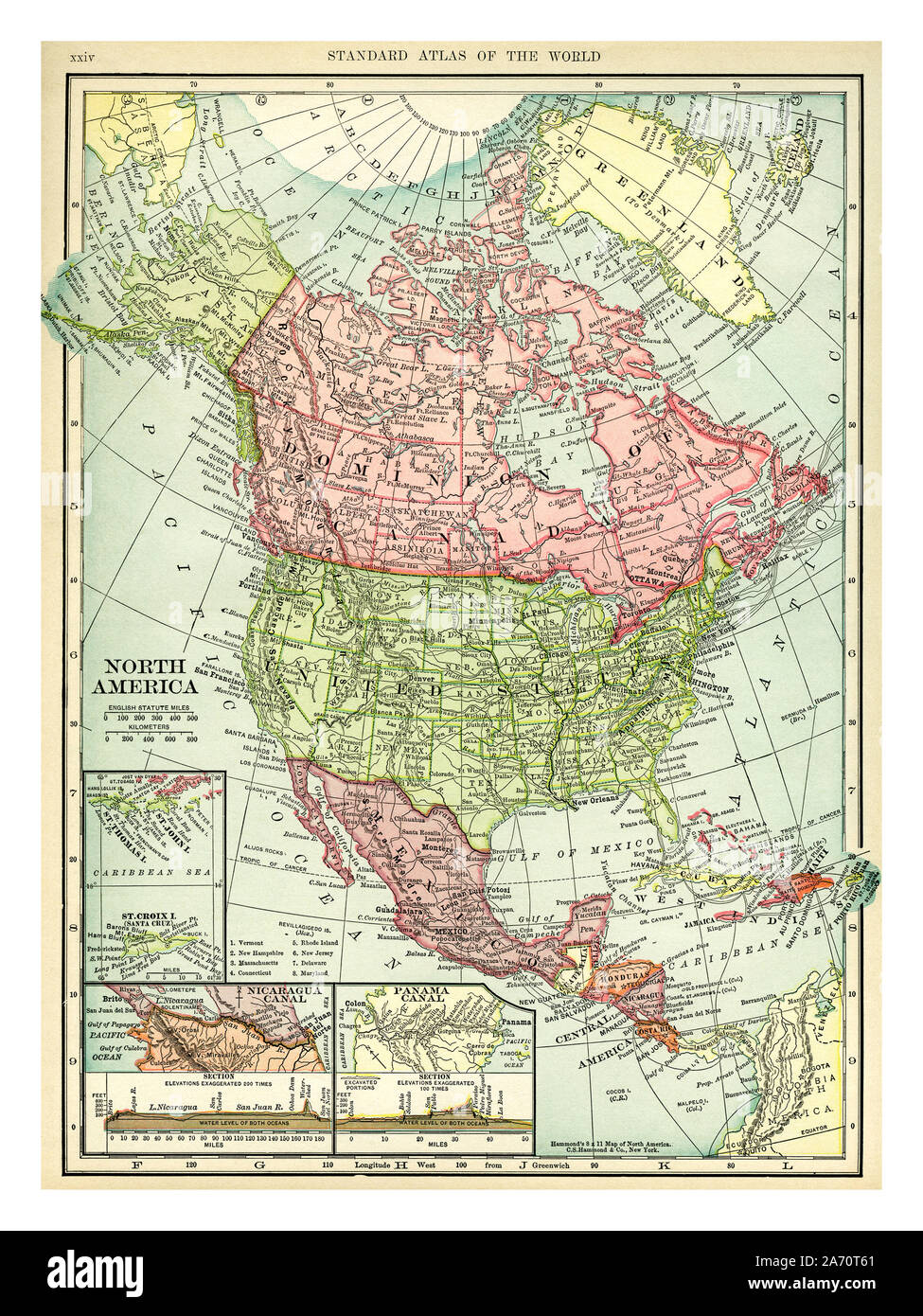 Vintage 1906 map of North America. Countries included on this map are: Canada, Greenland, United States, Mexico, Guatemala, Honduras, Nicaragua, Costa Rica, Cuba and Haiti. C. S. Hammond map printed and published 1906. Stock Photo