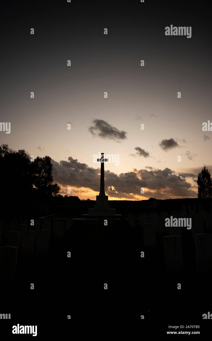 Lonsdale cemetery at sunset close to Thiepval,Somme department, northern France. Stock Photo