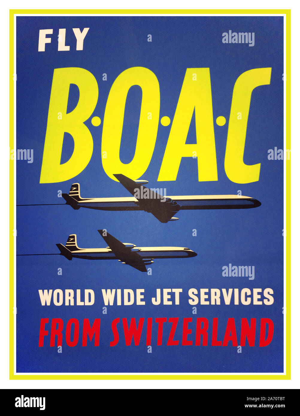 BOAC 1950’s Vintage UK Airline Poster Advertisement BOAC, 1959, world wide jet services from Switzerland Stock Photo