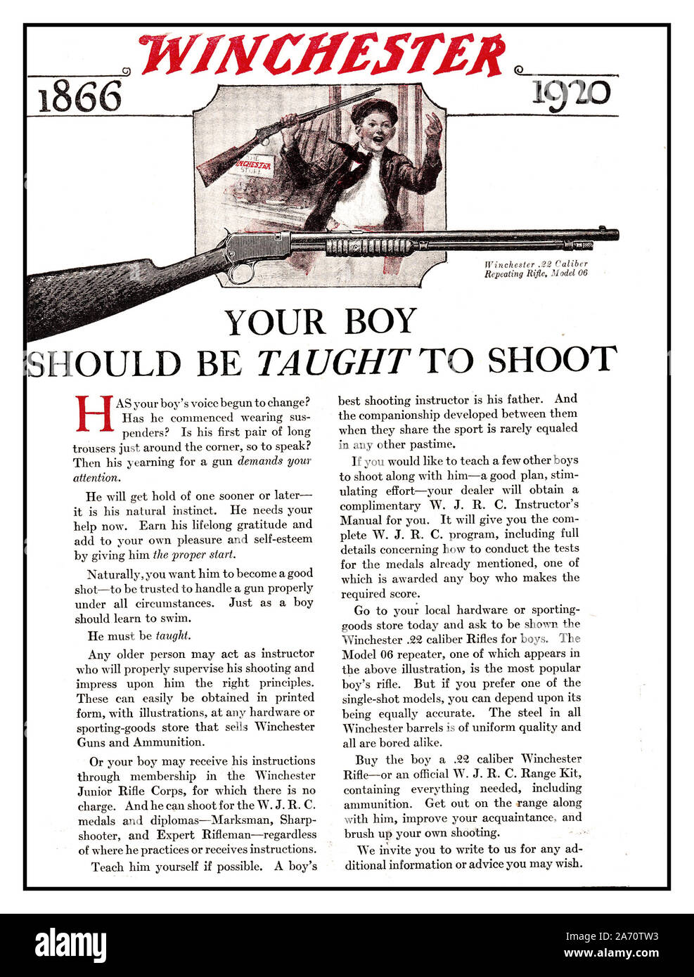 Vintage American 1920's 'WINCHESTER RIFLE' magazine advertisement promoting training a son to learn to shoot. ' Your Boy Should Be Taught To Shoot'  Winchester 1866-1920 USA  Gun culture heritage in America Stock Photo
