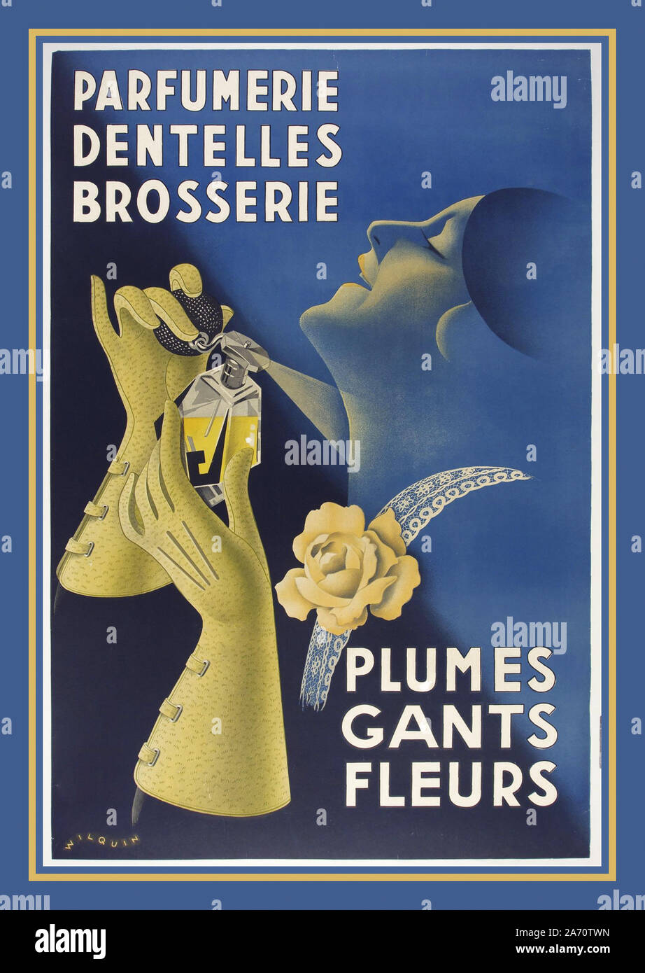 Vintage 1900's French advertising poster aimed at women 'Parfumerie Dentelles Brosserie' Vintage Poster by Wilquin, 1920  brosserie, dentelles, fleurs, gants, parfüm, parfumerie, plumes, 'brush, lace, flowers, gloves, perfume feathers', France Stock Photo