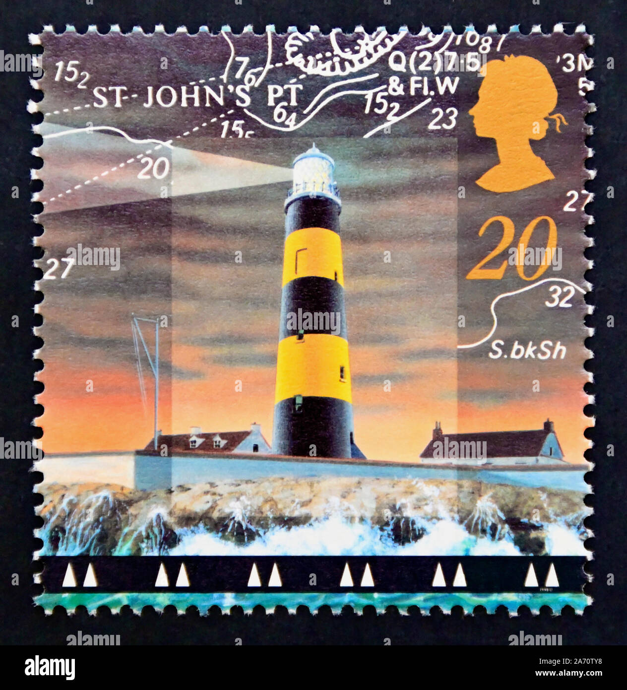 Postage stamp. Great Britain. Queen Elizabeth II. Lighthouses. St John's Point Lighthouse, County Down. 20p. Stock Photo