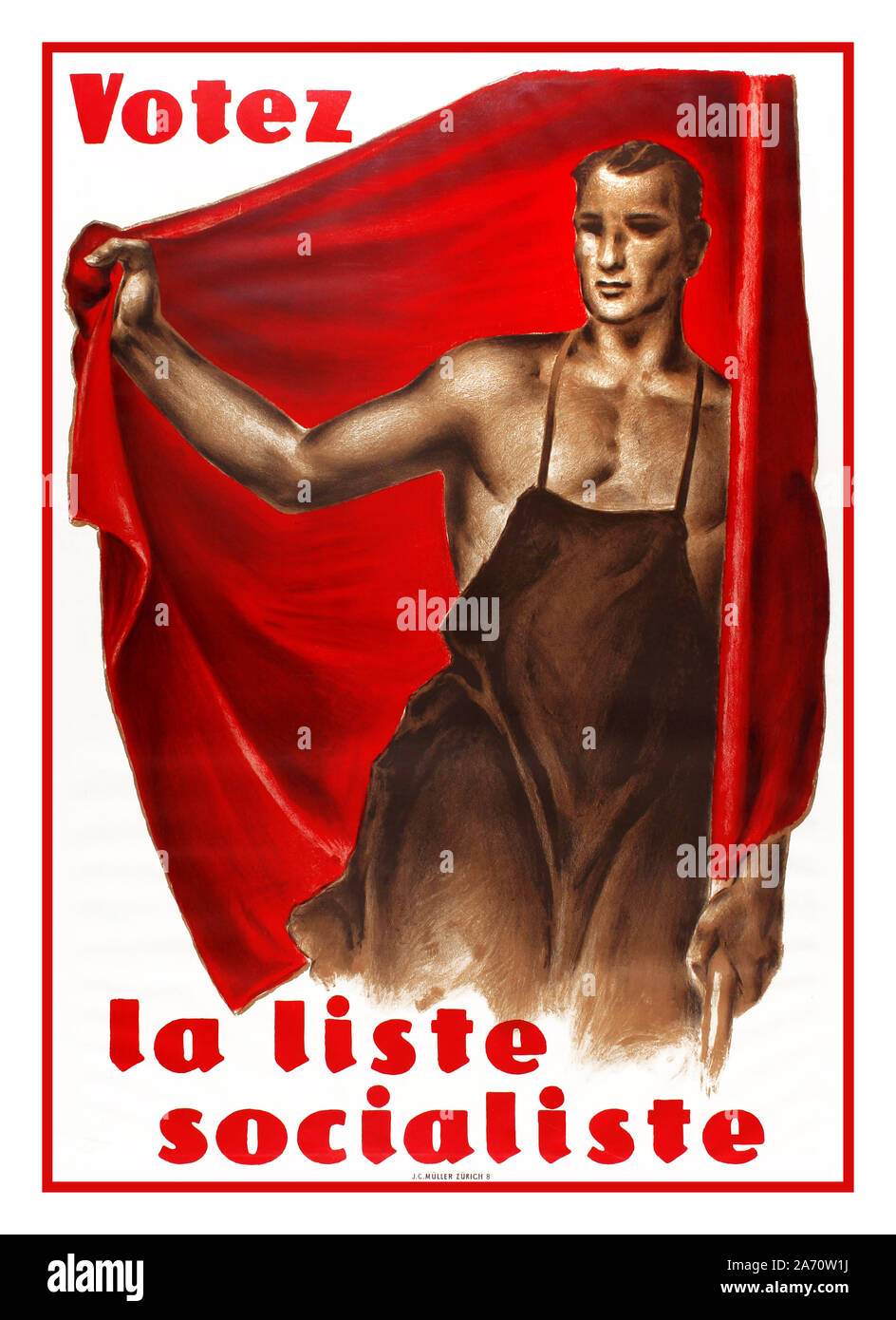 Vintage 1930's Swiss political propaganda election poster printed in Zurich Switzerland promoting the socialist vote - “Votez la liste socialiste” - depicting a man sketched in shades of brown, holding a red socialist flag   1930s, Switzerland, Stock Photo