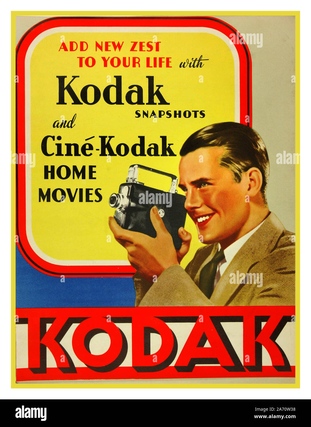 KODAK Historic 1920’s home movies retro Kodak Cine Movie 1900's vintage advertisement poster for legendary Ciné-Kodak 8mm home movies and Kodak snapshots 'add new zest to your life' Stock Photo