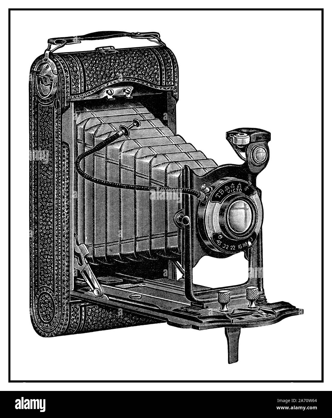 Vintage 1900’s bellows camera catalogue page cutout features advertising for Conley cameras: the Model C Conley roll film Camera  from $18.85 to $33.55. The illustration from 1916 Sears, Roebuck and Co. catalogue. Stock Photo