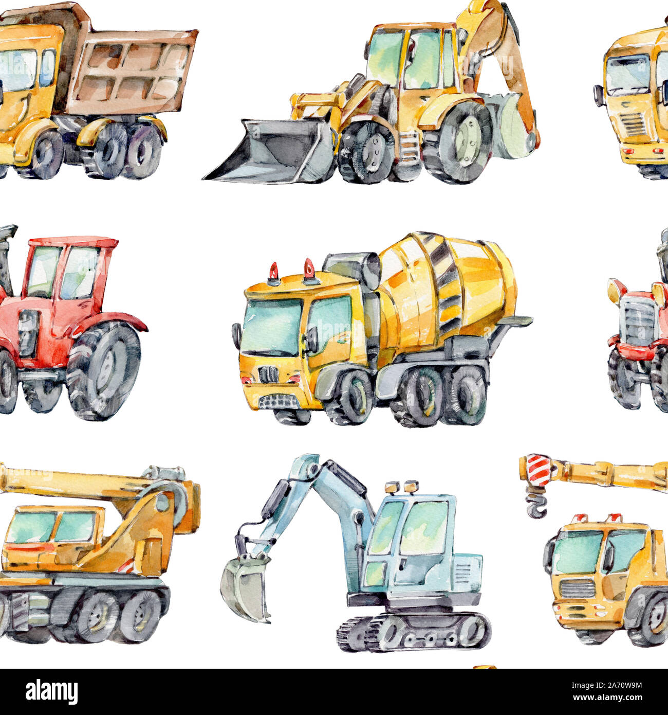 Watercolor seamless pattern with colorful little toy cars. Trucks and Cars Watercolor Background for Kids. Red tractor, Excavator, Digger machine Stock Photo