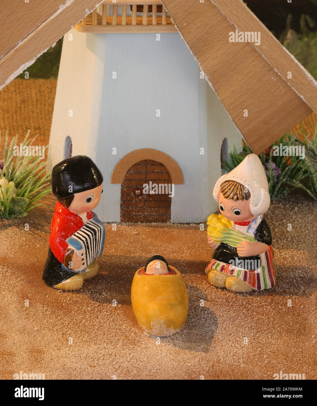 Dutch nativity scene with Holland windmill and baby Jesus Stock Photo