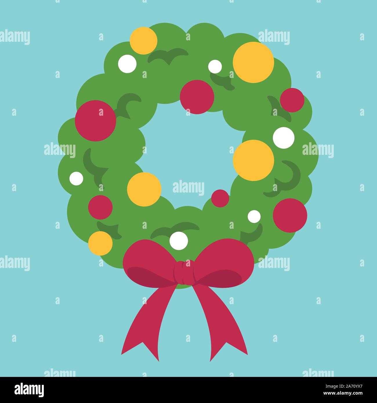 Decorative Christmas wreath with ribbon and ornaments on light blue background. Stylish, minimal, modern, casual flat vector cartoon design element. Stock Vector
