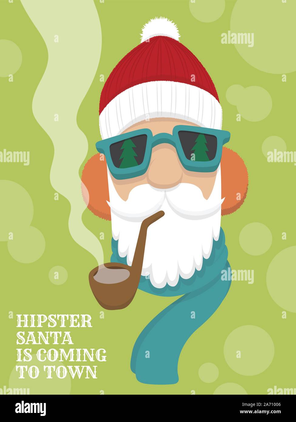 Flat vector cartoon of hipster Santa Claus with beanie, sunglasses, earmuffs, scarf, pipe with smoke and Hipster Santa is Coming To Town text. Stock Vector