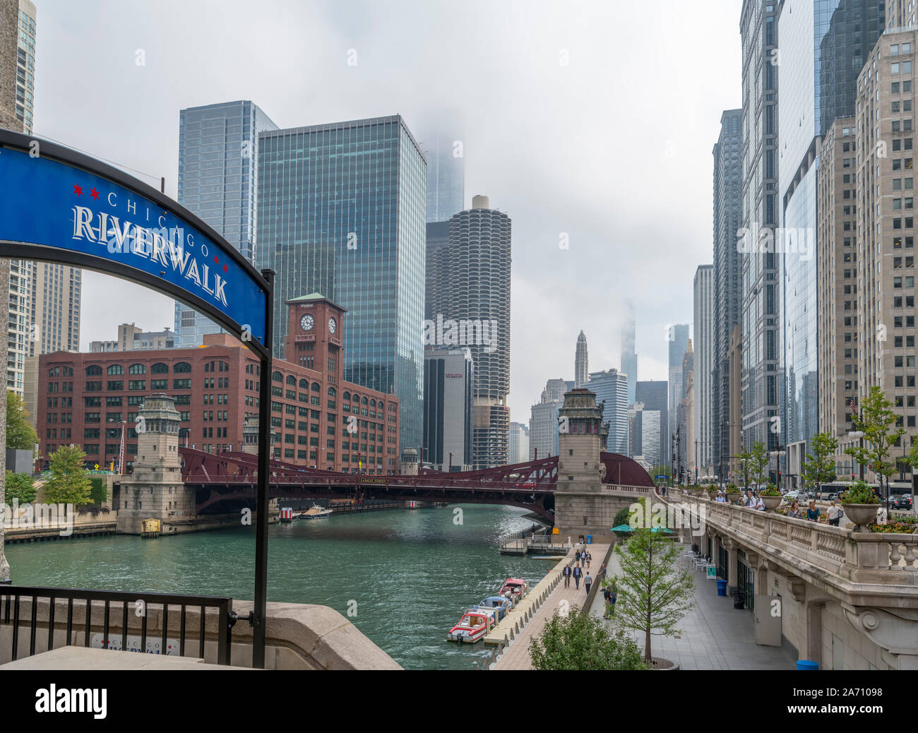 Chicago Riverwalk from Wells Street Bridge on the Chicago River, Chicago, Illinois, USA Stock Photo