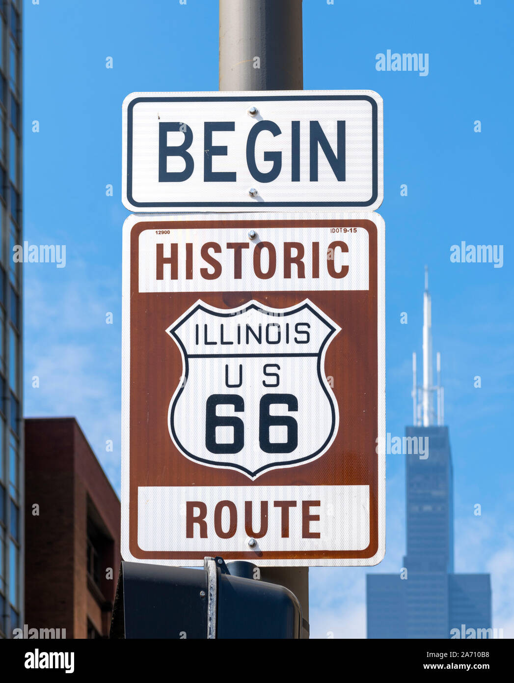 Route 66 sign. Begin Historic Route 66 sign for the start of Route 66 on E Adams Street in downtown Chicago, Illinois, USA Stock Photo