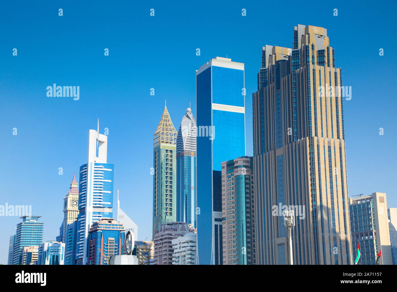 Skyscrappers of office buildings & hotels on the skyline of Dubai, United Arab Emirates. Stock Photo