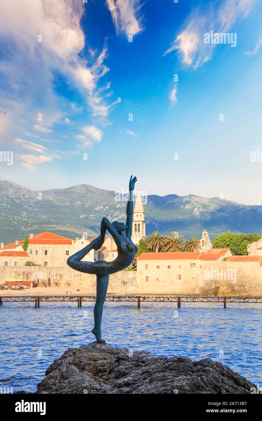 Beautiful view of the sculpture Ballerina Dancer of Budva at sunset Stock Photo