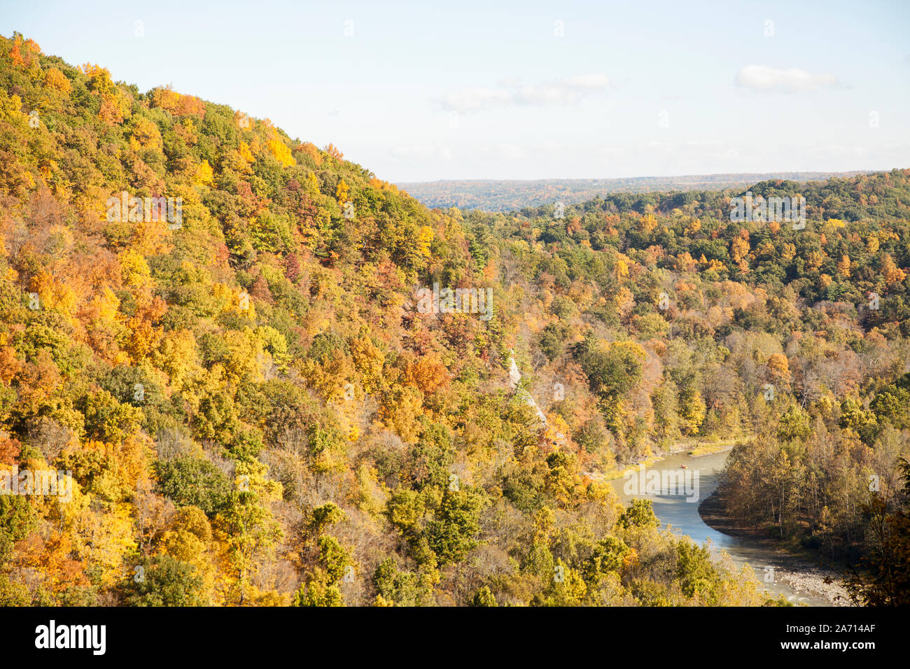 view of Letchworth State Park from Archery Point during autumn season with colorful leaves on the trees and the Genessee River Stock Photo