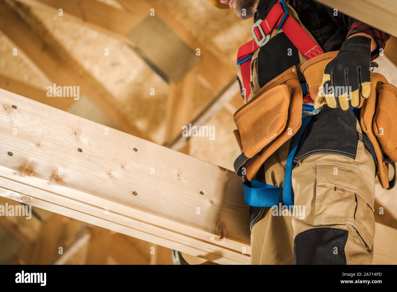 Wood Elements Construction Worker. House Building Industrial Theme. Stock Photo