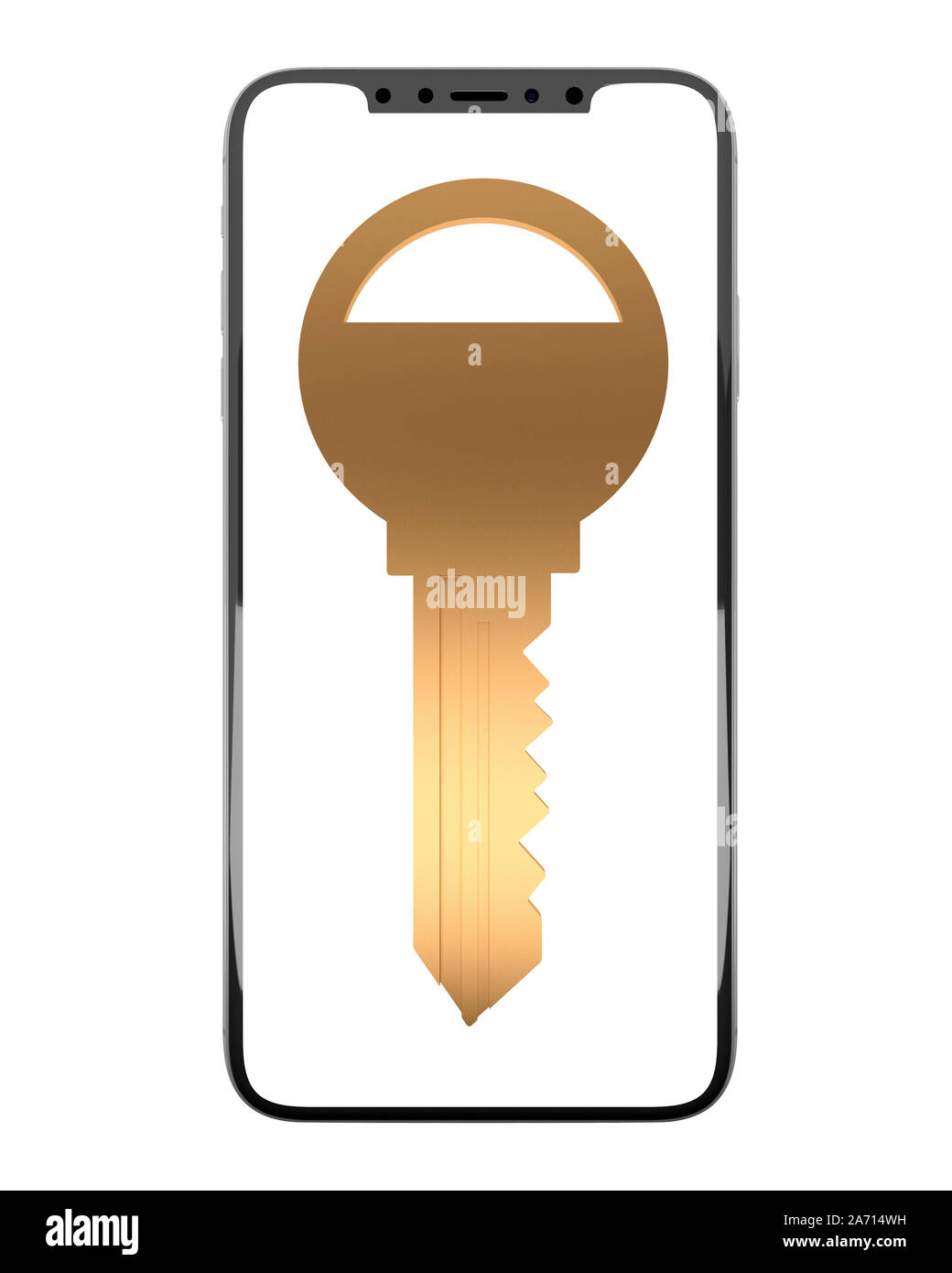 golden key on the smartphone frontal view. 3d rendering Stock Photo - Alamy