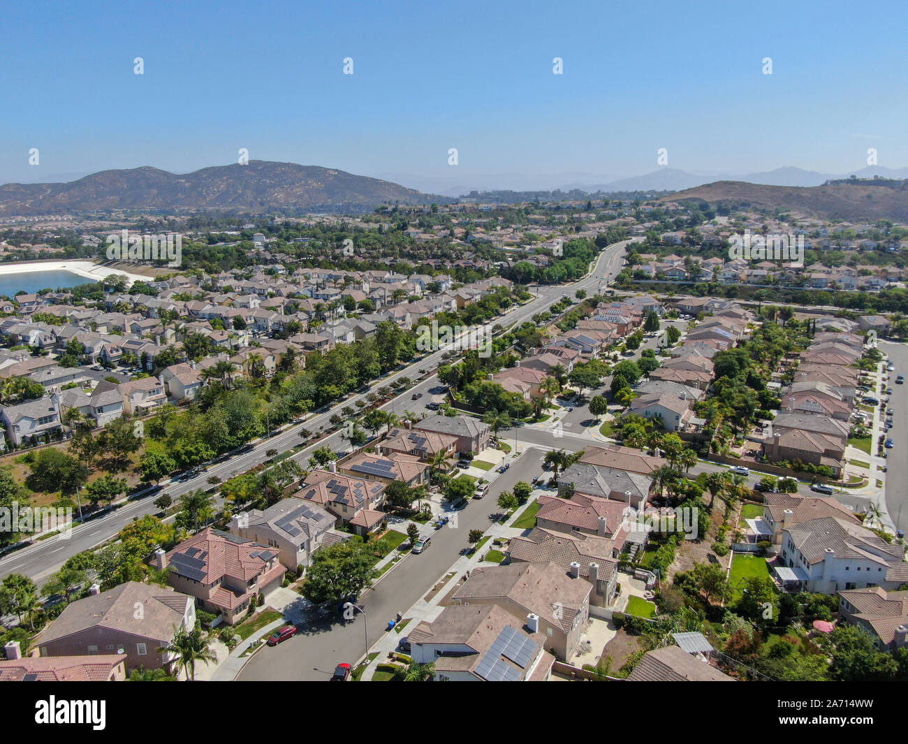 Aerial view suburban neighborhood with big villas next to each other in