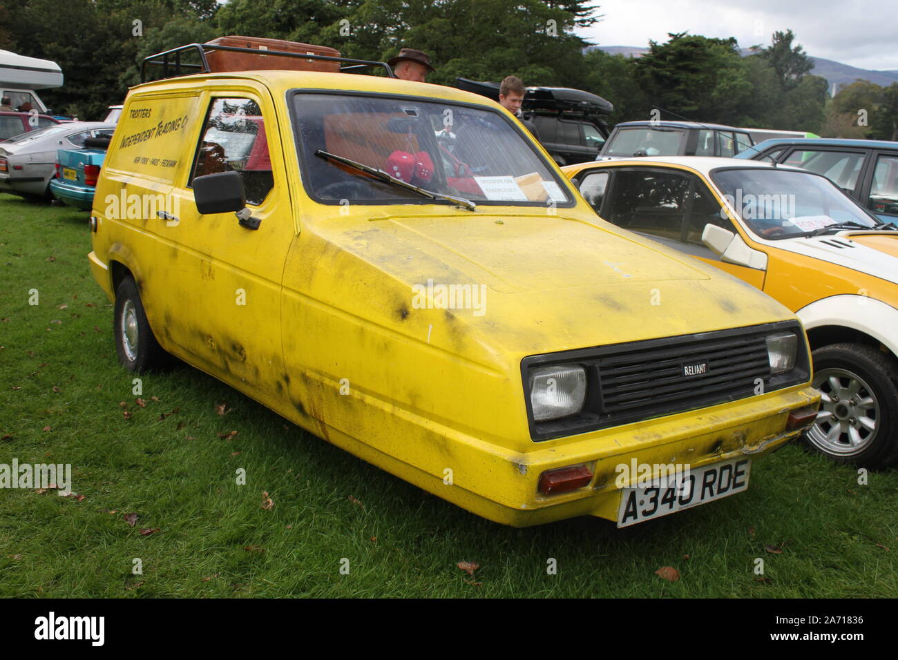 A Robin Reliant car as seen in Only Fools and Horses seen at Kilbroney Vintage Show 2019 Stock Photo