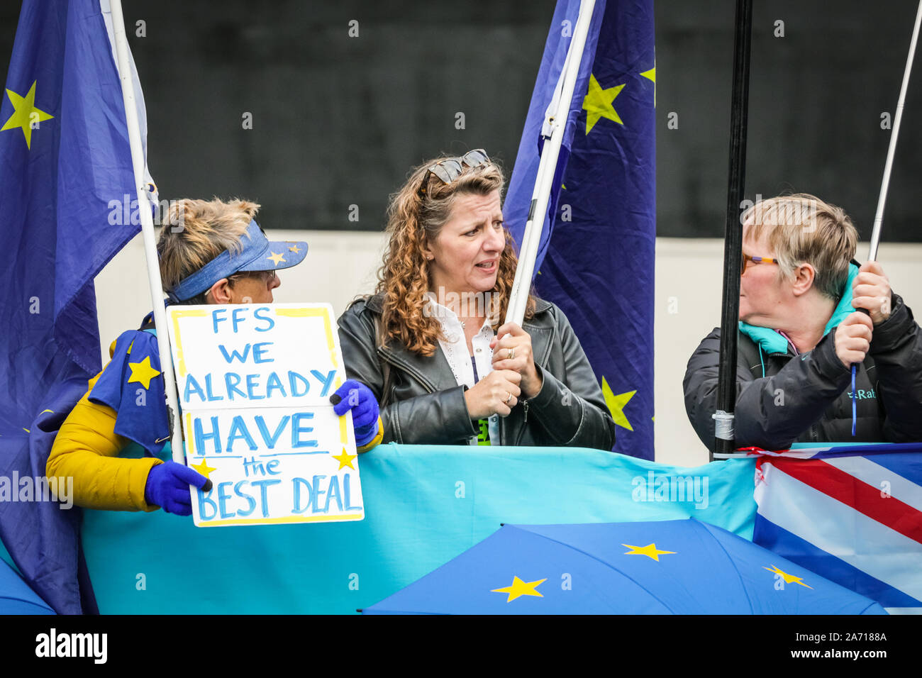 London, UK, 29th Oct 2019. Remain protesters chat as debates continue. Pro and Anti-Brexit protesters  have once again brought out placards, banners and flags to the Houses of Parliament, as MPs debate and vote on a possible general election inside the Palace of Westminster. Credit: Imageplotter/Alamy Live News Stock Photo