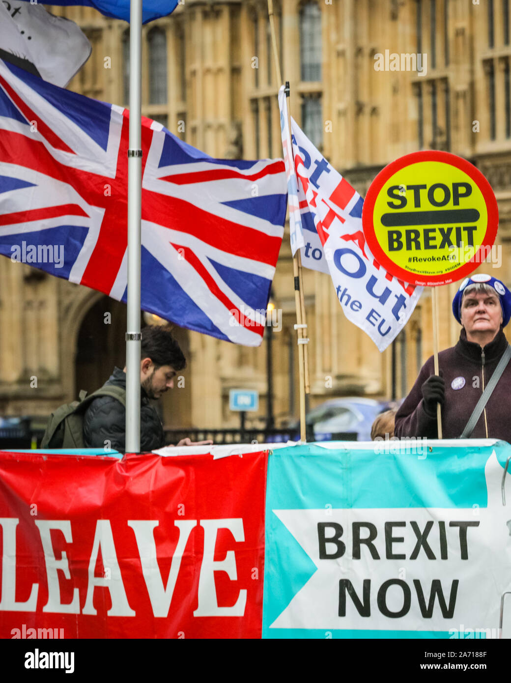London, UK, 29th Oct 2019. Pro and Anti-Brexit protesters  have once again brought out placards, banners and flags to the Houses of Parliament, as MPs debate and vote on a possible general election inside the Palace of Westminster. Credit: Imageplotter/Alamy Live News Stock Photo