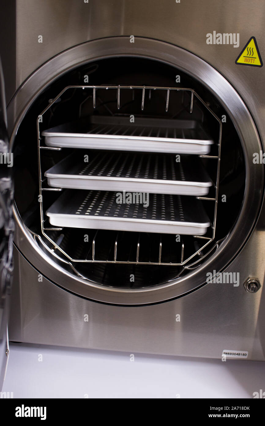 Sterilizing medical instruments in autoclave. Equipment for sterile