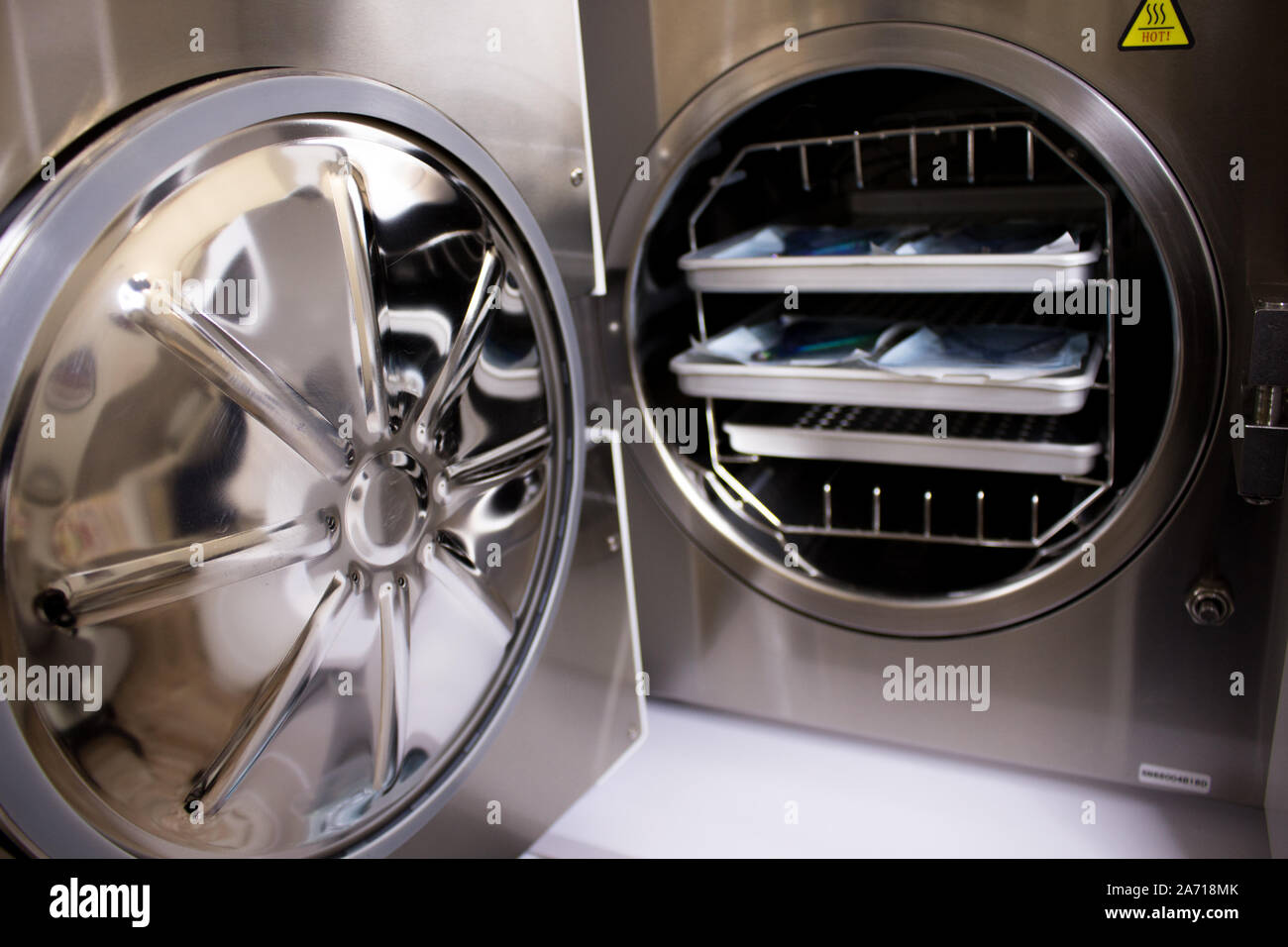 Sterilizing medical instruments in autoclave. Equipment for sterile cleaning of working medical