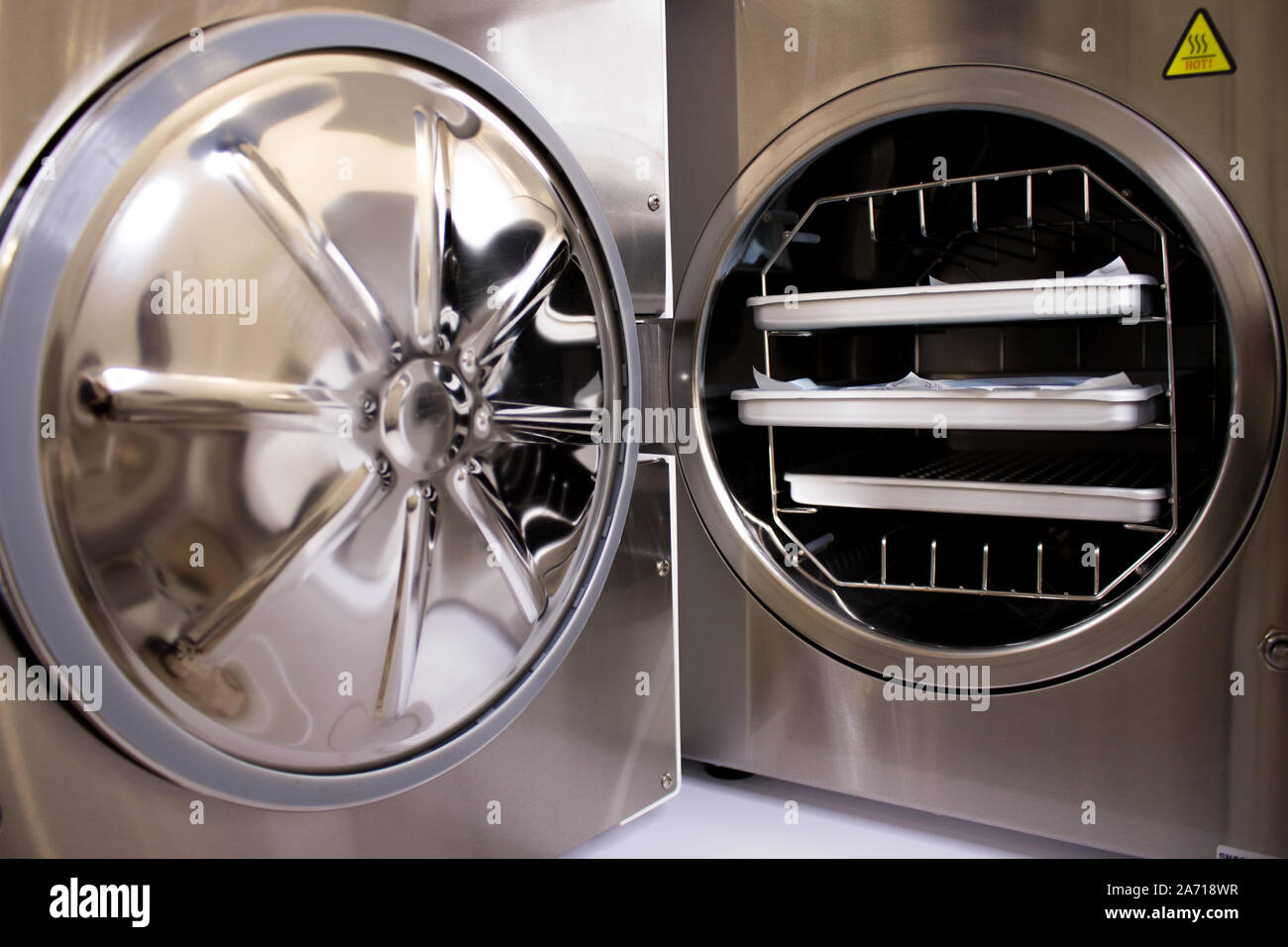 Sterilizing medical instruments in autoclave. Equipment for sterile