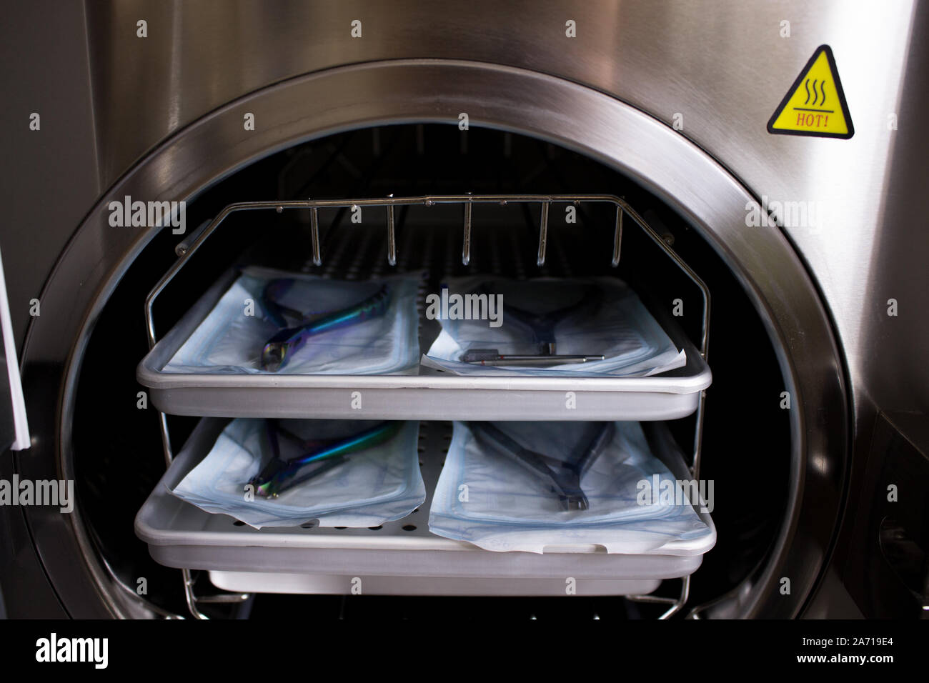 Sterilizing medical instruments in autoclave. Equipment for sterile