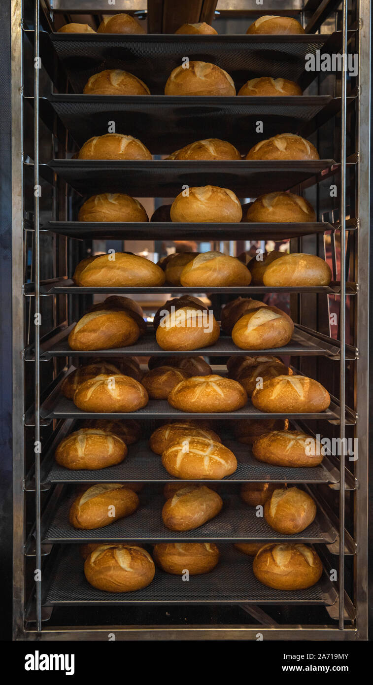 Bread buns on metal tray in baker shop. Freshly baked bread on tray track trolley. Baker shop shelves with bread Stock Photo