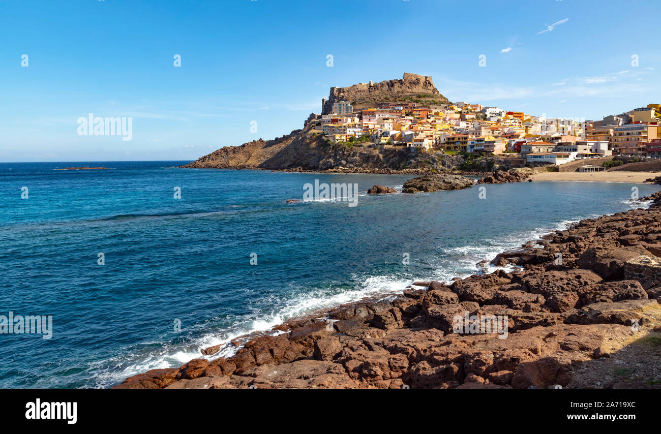 View of Castelsardo with its colorful architecture and castle, located on the Gulf of Asinara, Sassari, Sardinia, Italy. Stock Photo