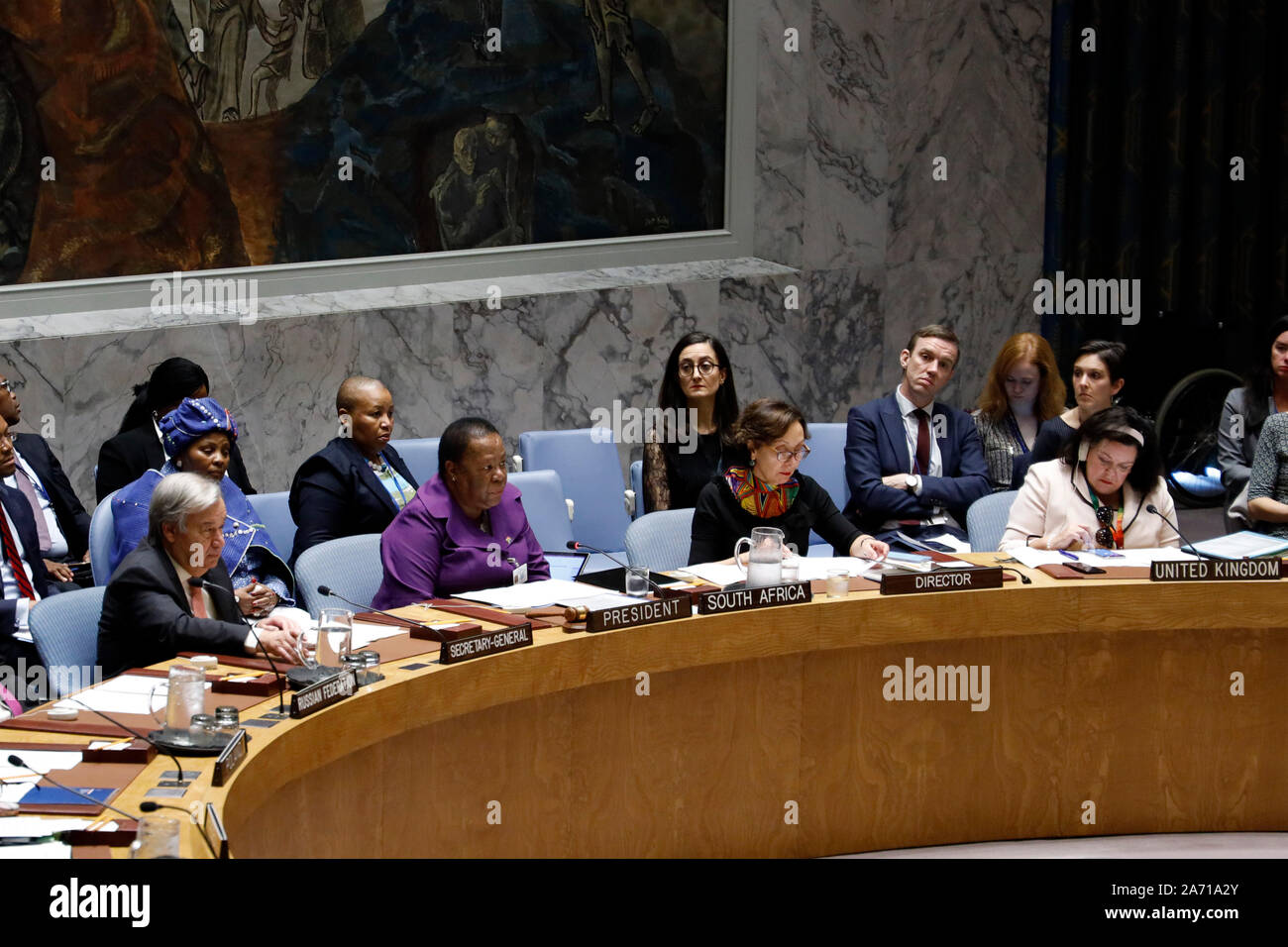 United Nations, Peace and Security Agenda at the UN headquarters in New York. 29th Oct, 2019. Naledi Pandor (2nd L, front), South African International Relations and Cooperation Minister and President of the Security Council for the month of October, chairs a Security Council meeting on Women, Peace and Security Agenda at the UN headquarters in New York, Oct. 29, 2019. The UN Security Council on Tuesday adopted a resolution to reinforce the Women, Peace and Security Agenda in the lead up to the commemoration of its 20th anniversary. Credit: Li Muzi/Xinhua/Alamy Live News Stock Photo