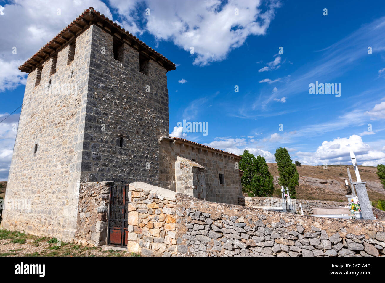 Romanesque church of Iglesia de San Pedro, Cubillo de Ojeda, Palencia province, Castile, Spain Stock Photo