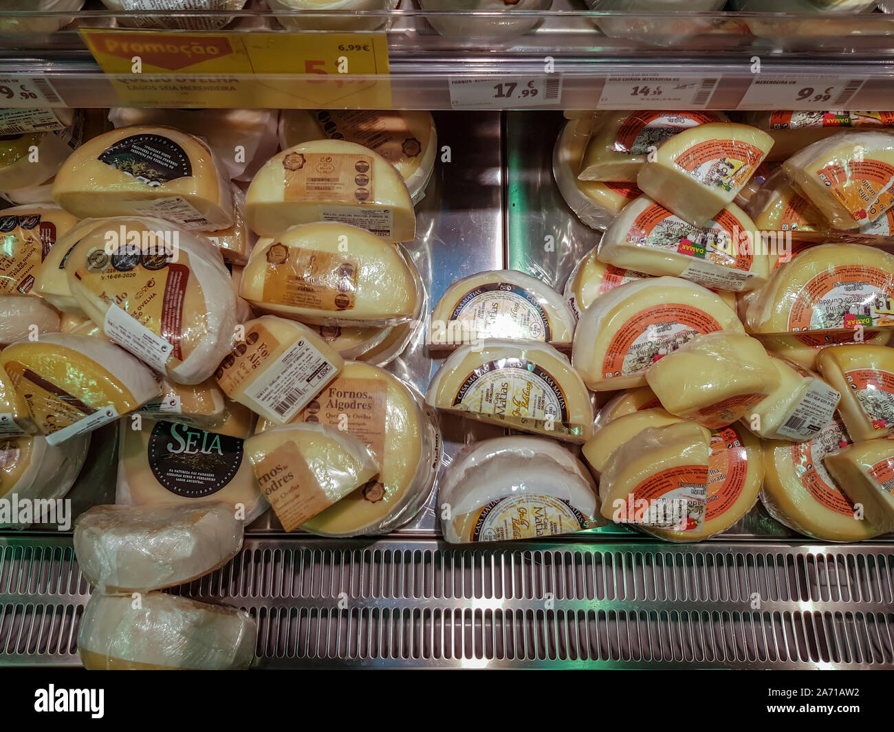 Lisbon, Portugal CIRCA October 2019 Top view of portuguese cheeses
