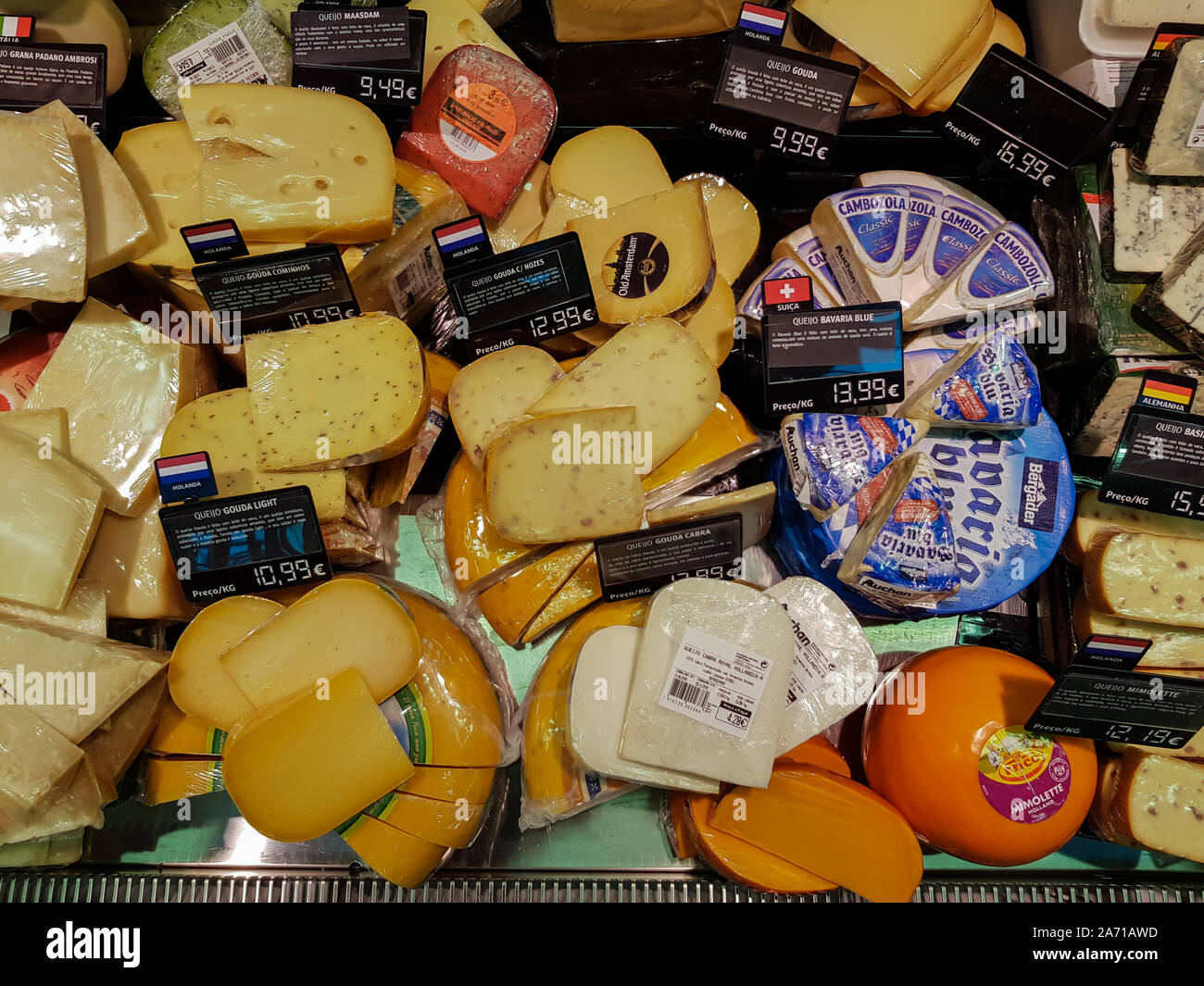 Lisbon, Portugal CIRCA October 2019 Top view of european cheeses for