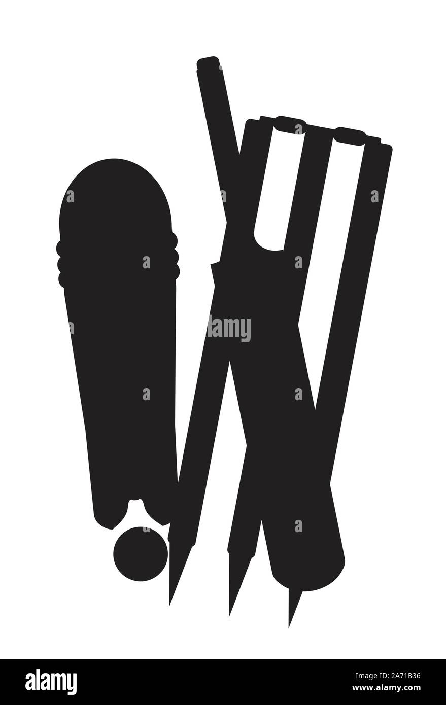 A set of cricket stumps bat and ball in black silhouette isolated on a white background Stock Vector