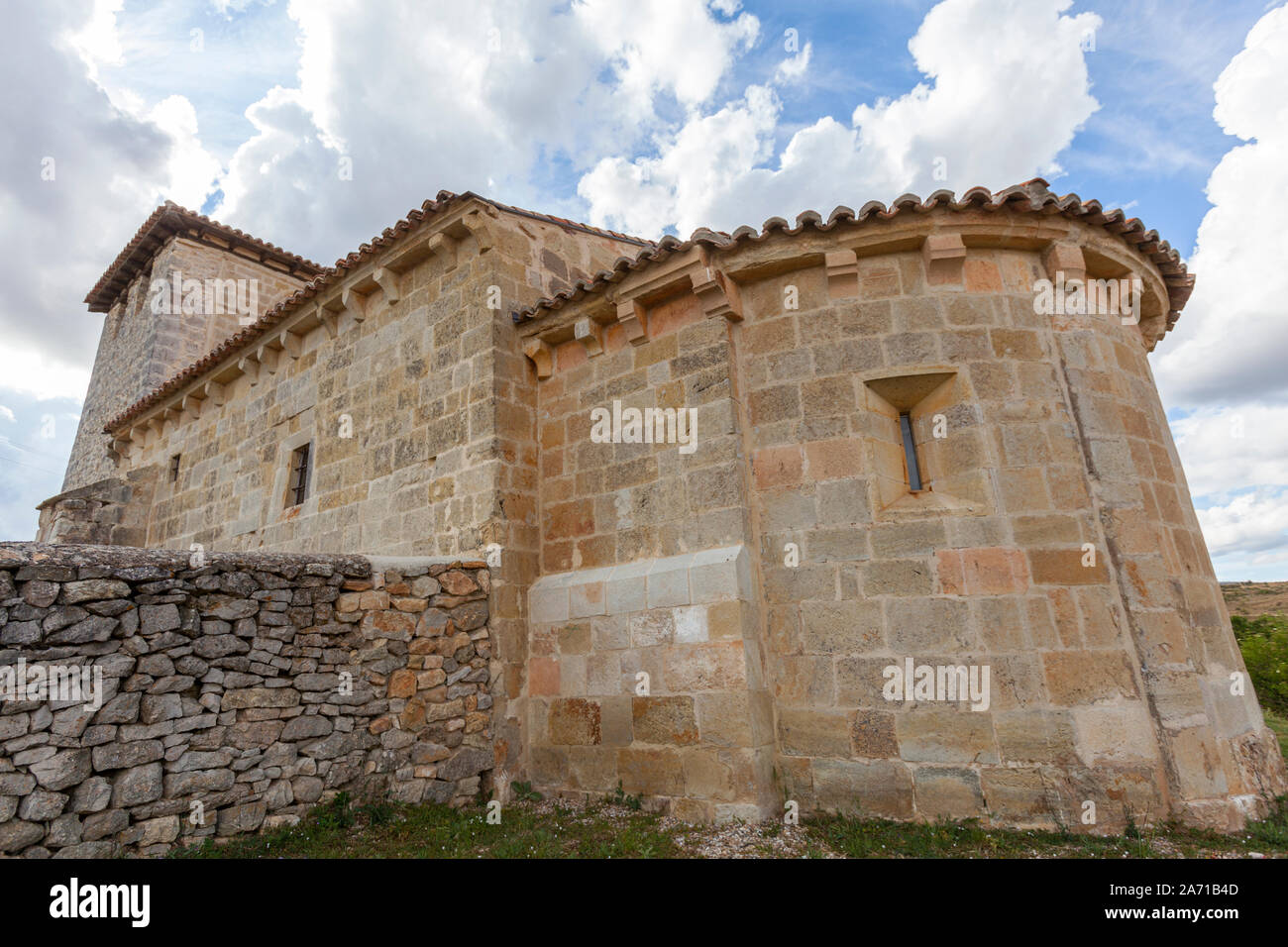 Apse of Romanesque church of Iglesia de San Pedro, Cubillo de Ojeda, Palencia province, Castile, Spain Stock Photo
