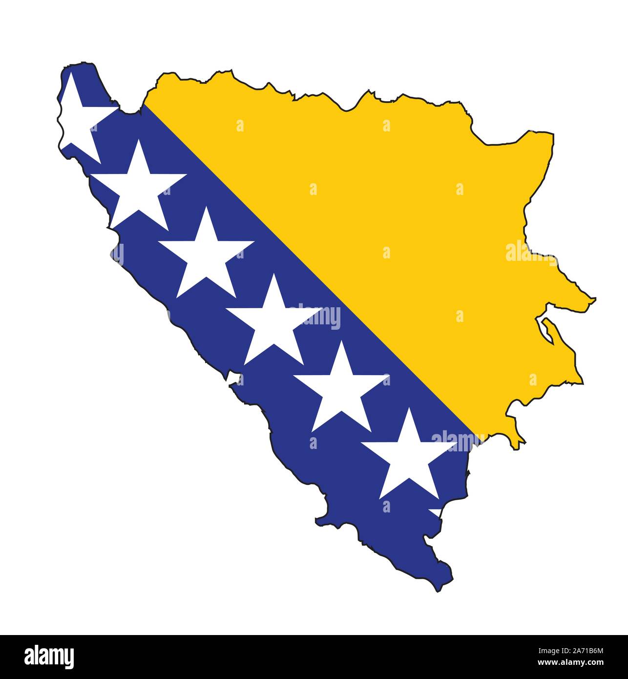 Isolated outline map of Bosnia and Herzegovina with national flag over a white background Stock Vector