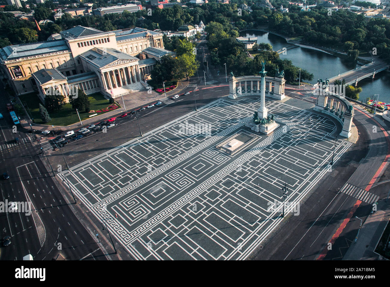 Budapest, Hungary - Drone perspective of Heroes' Square at sunrise with ...