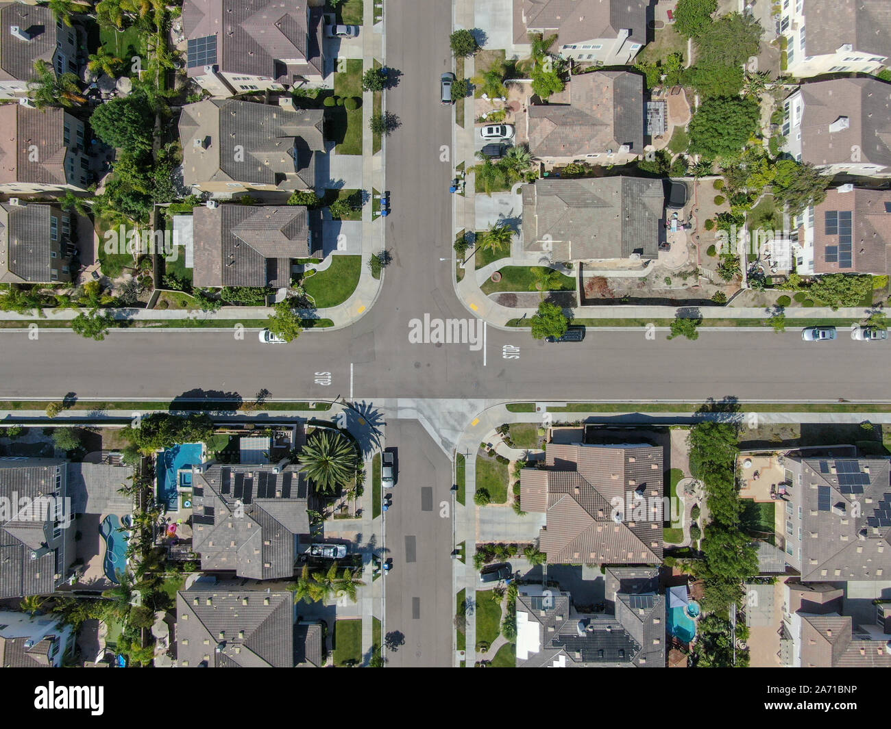 Aerial top view suburban neighborhood with big villas next to each ...