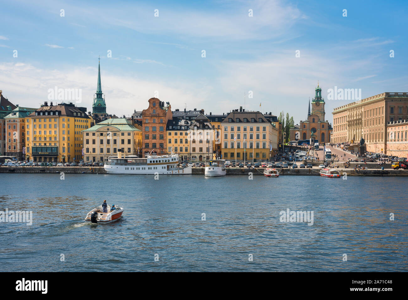 Stockholm Old Town, view in summer across Strommen lake towards the Stockholm old town (Gamla Stan) waterfront area and skyline, Sweden. Stock Photo