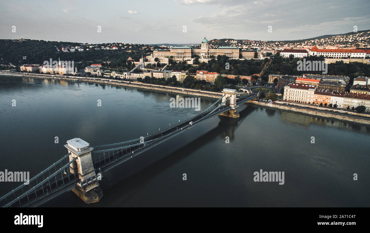 Aerial drone view of historical Buda Castle with Szechenyi Chain Bridge ...