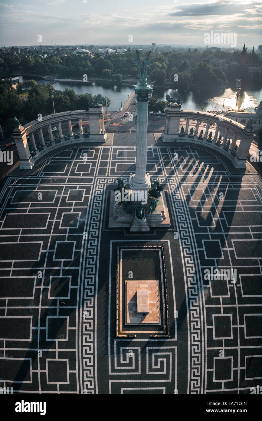 Aerial skyline view of beautiful Heroes square with monument and column ...