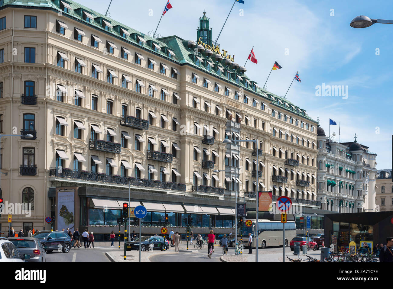 Stockholm Grand Hotel 2019, view of the Grand Hotel, a 5 star hotel built in 1874 sited on Blasieholmen waterfront in central Stockholm, Sweden. Stock Photo