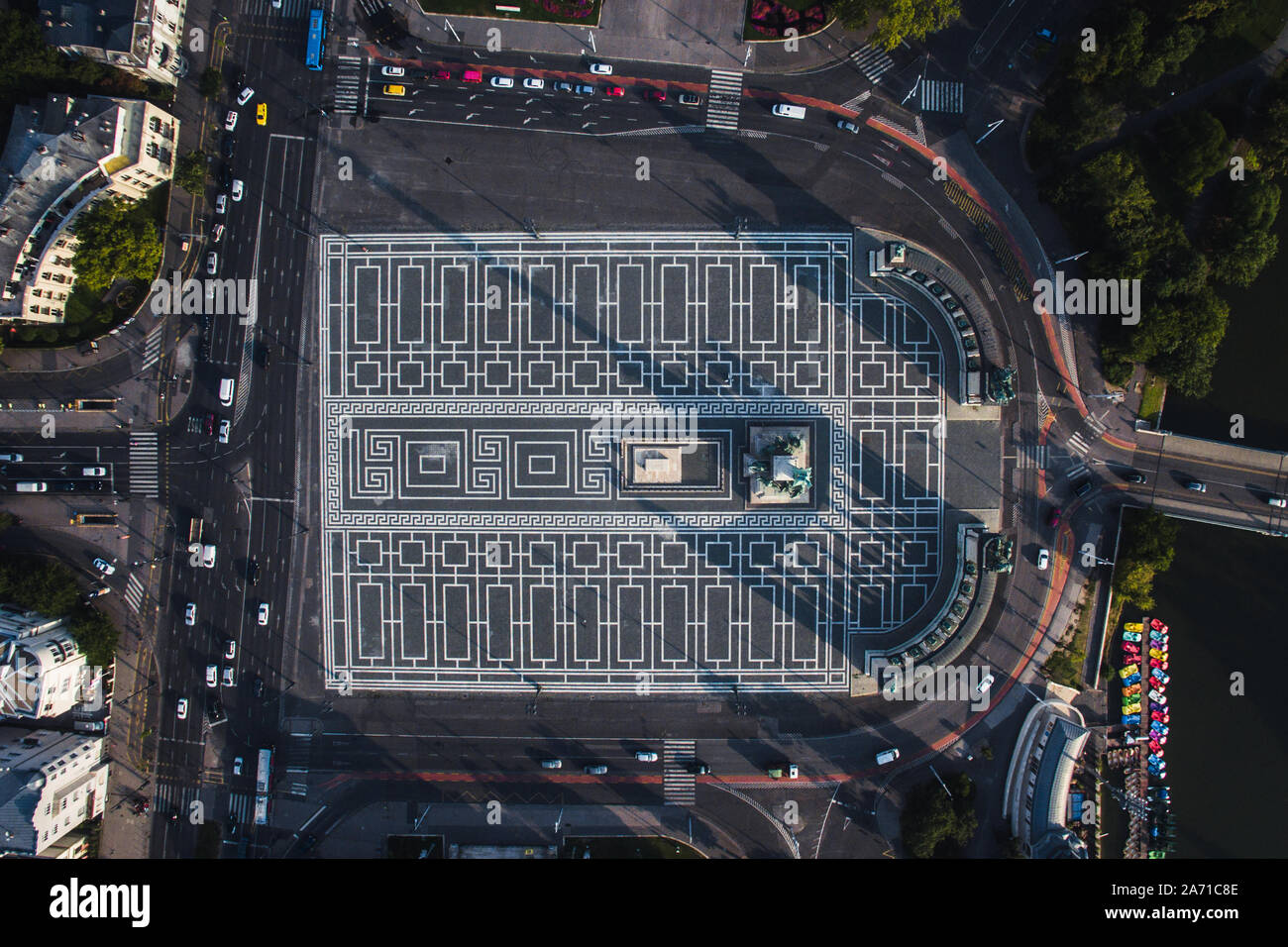 Drone perspective of Heroes' Square at sunrise with Andrassy street ...