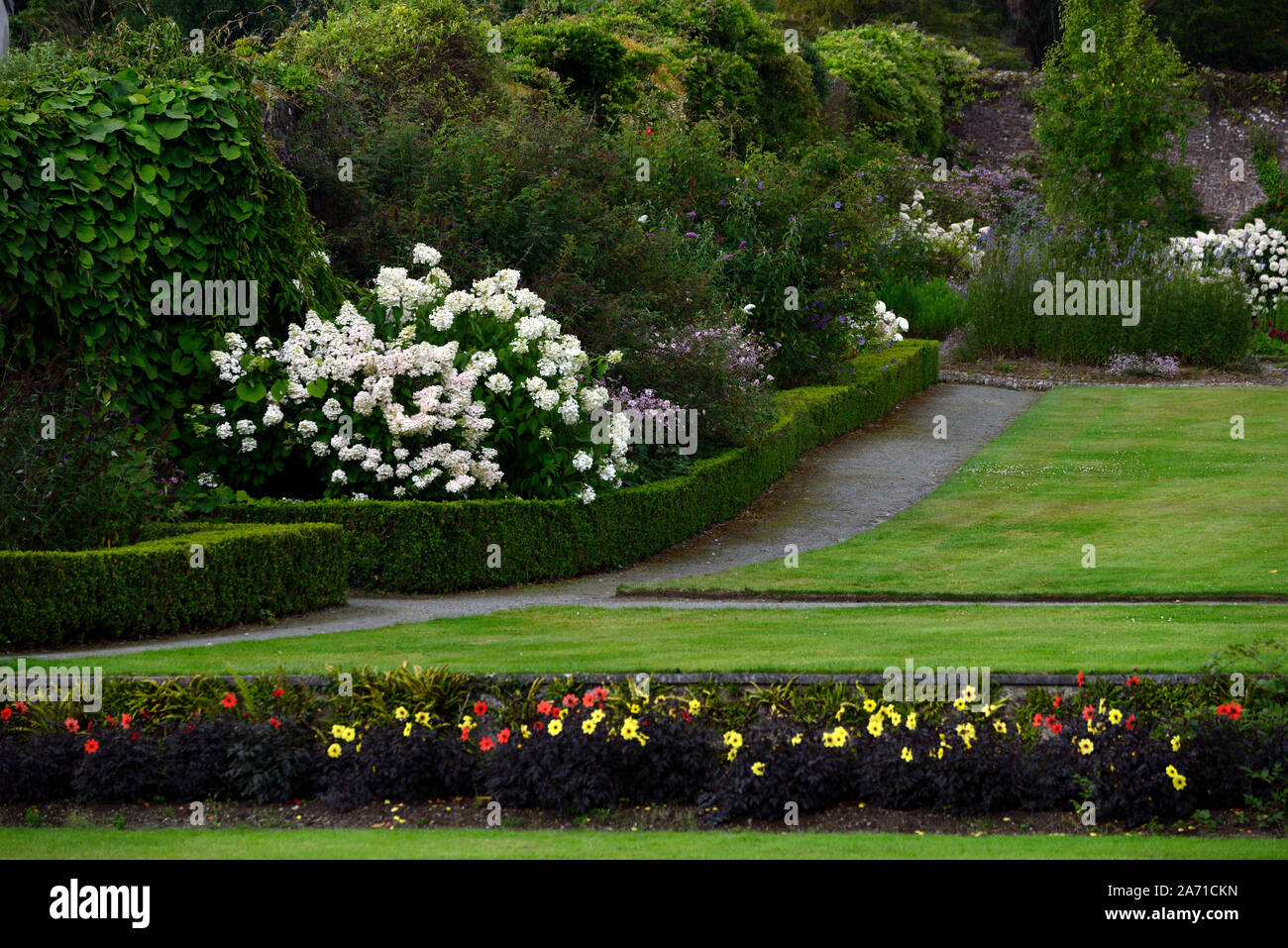 mount congreve gardens,walled garden,slope,sloped,lawn,formal,gardens,historical,RM Floral Stock Photo