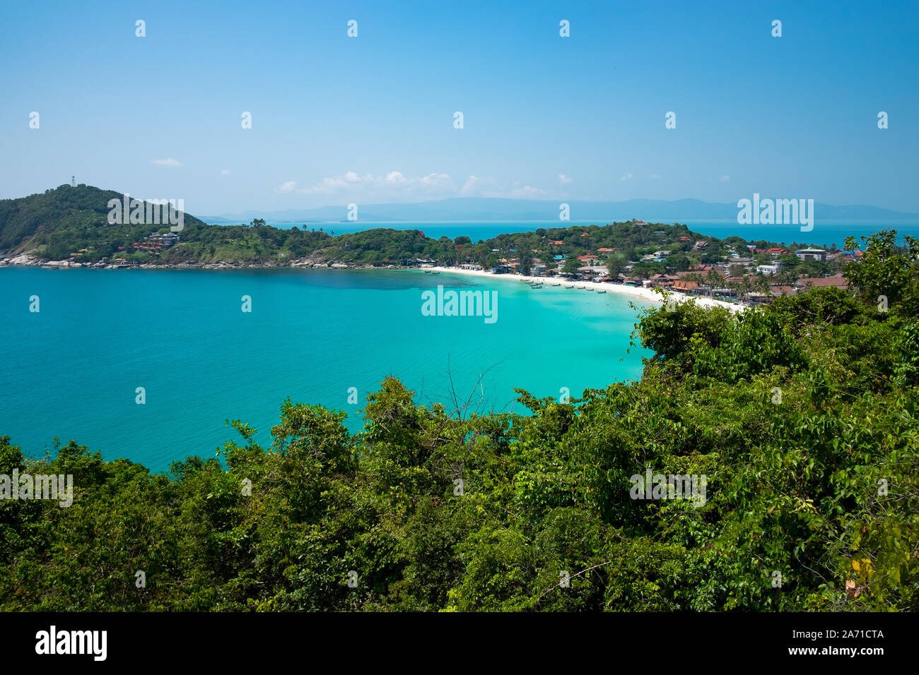 Spectacular view over Koh Phangan and Haad Rin and Sunrise Beach in Thailand. Stock Photo