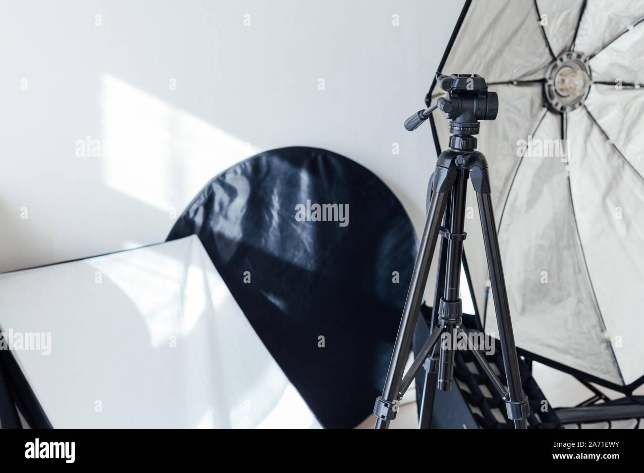Photo studio accessories flash photographer on white background Stock ...
