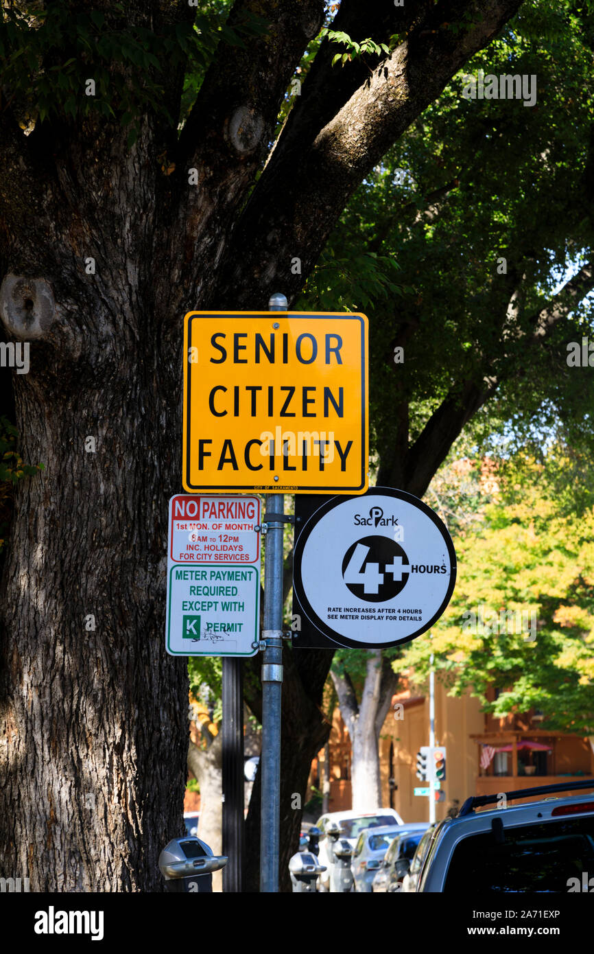 “Senior citizen facility” road sign, Sacramento, California, United States of America Stock Photo