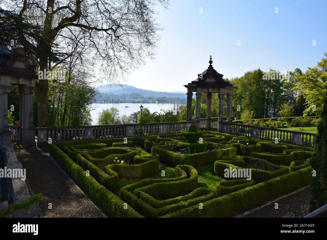 Labyrinth style garden at Schloss Meggenhorn in Meggen invites to relax and recreate above the Lake of Lucerne. Stock Photo